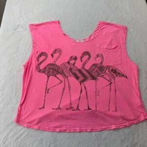 Public Library Flamingo Graphic Tank Top Women M Pink Good Sleeveles Crop Pocket